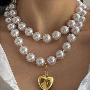 Chunky Pearl + Gold Heart Necklace Large Round Bead Beaded Necklace Layered